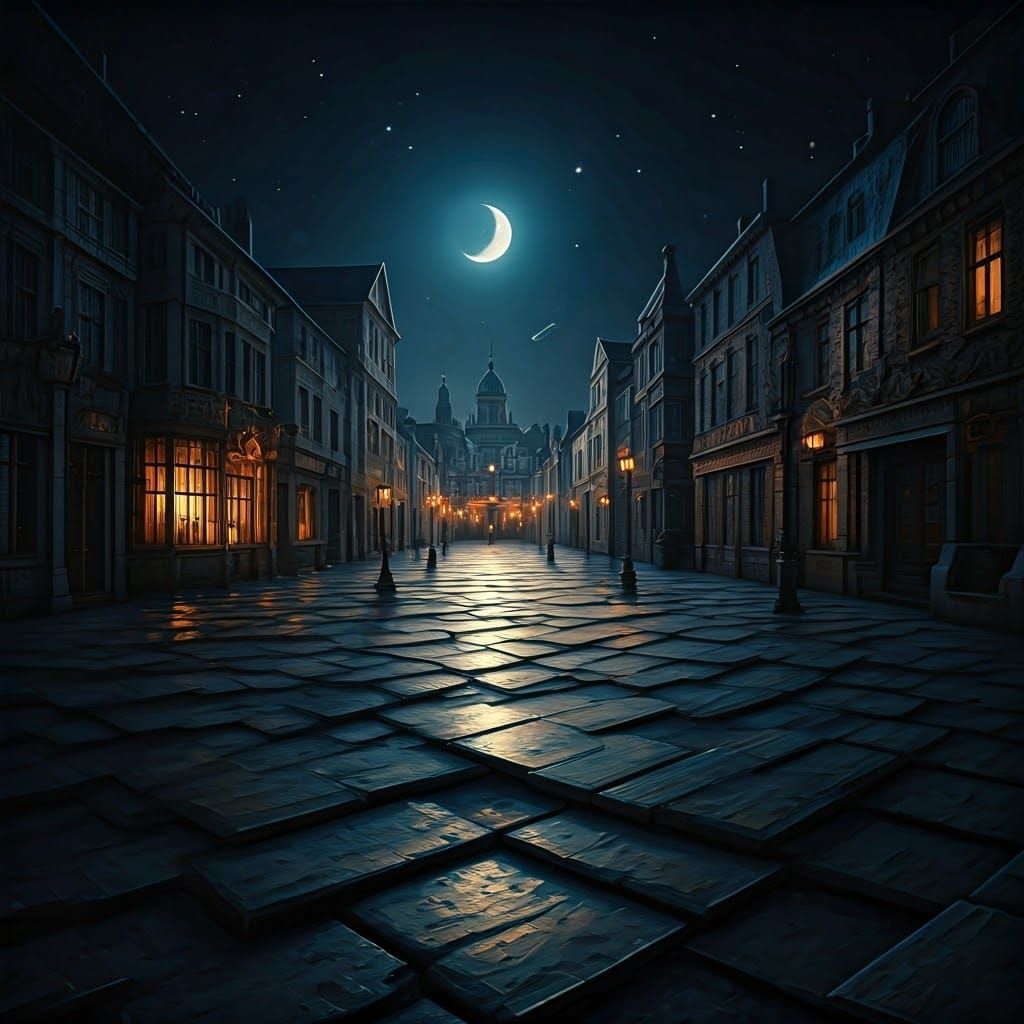 Spring Night Dreamscape with Waning Moon in Vibrant Cubist S...