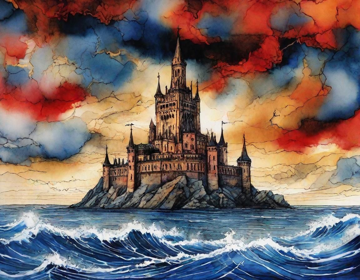 Citadel Suspended Above Raging Sea as Ink Painting