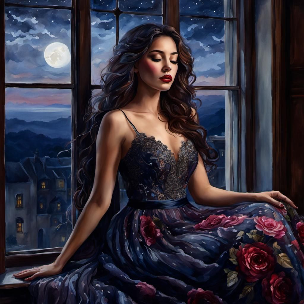 Beautiful Woman in Bay Window, Watercolor Style