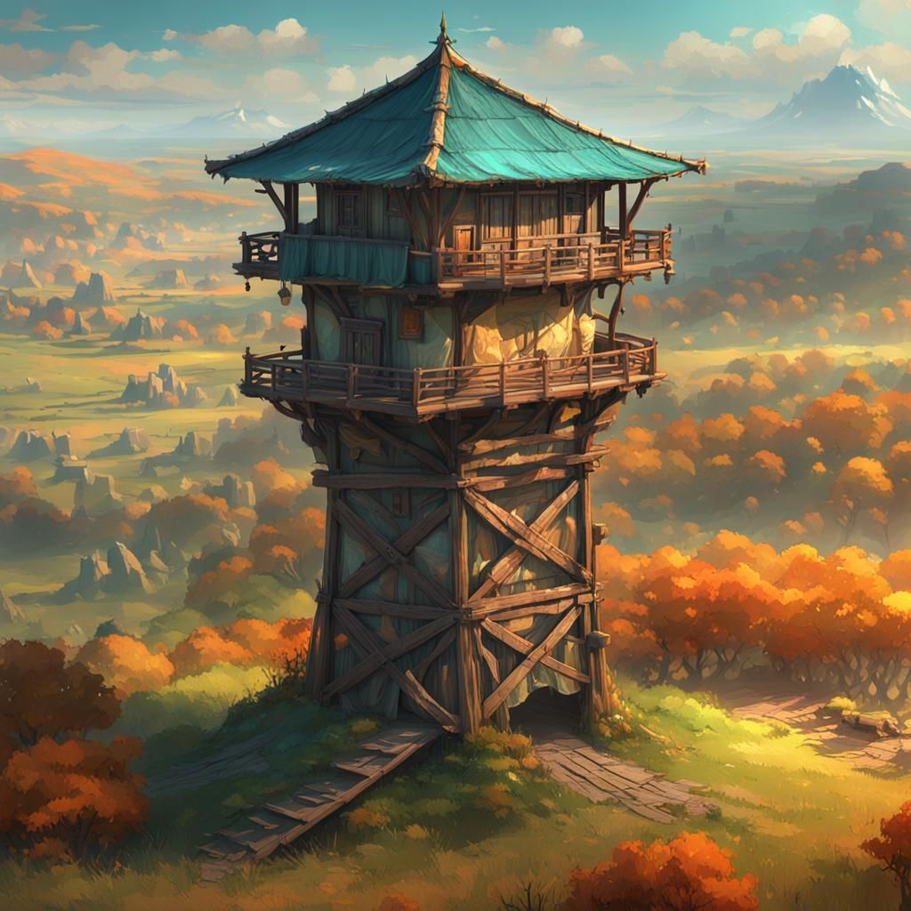 Rustic Watchtower with Tattered Banners in Dynamic Lighting