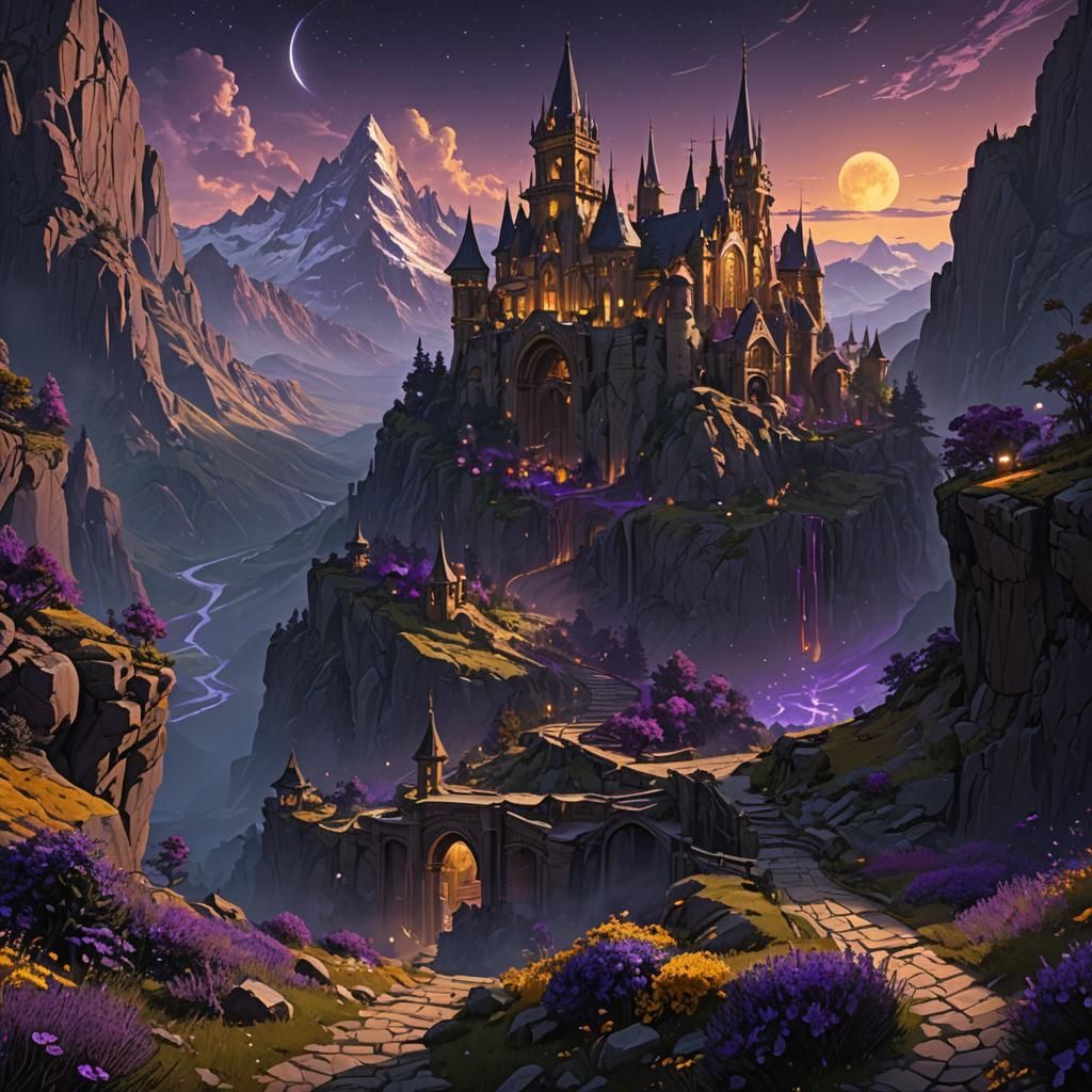 Velaris Night Court Mountains in Art Nouveau Style