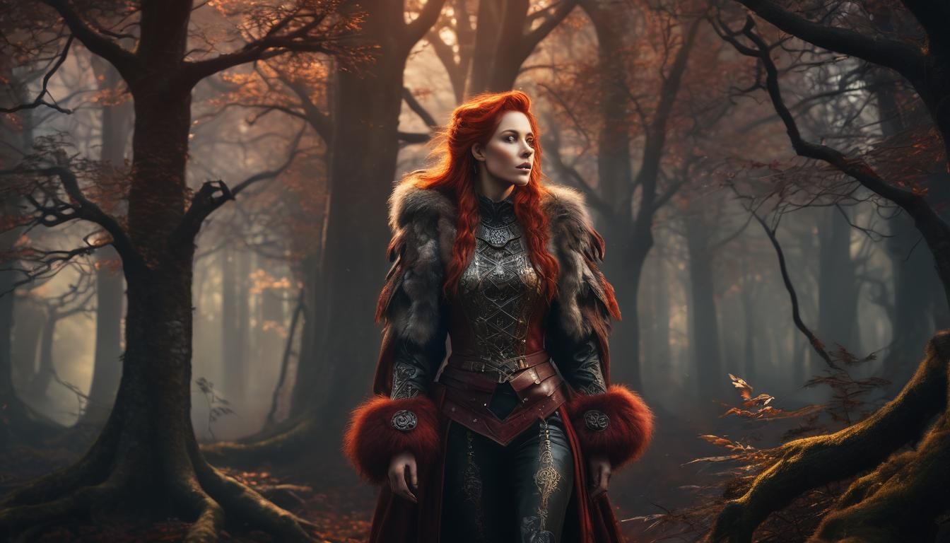 Fantasy Woman with Red Hair in Mystical Forest