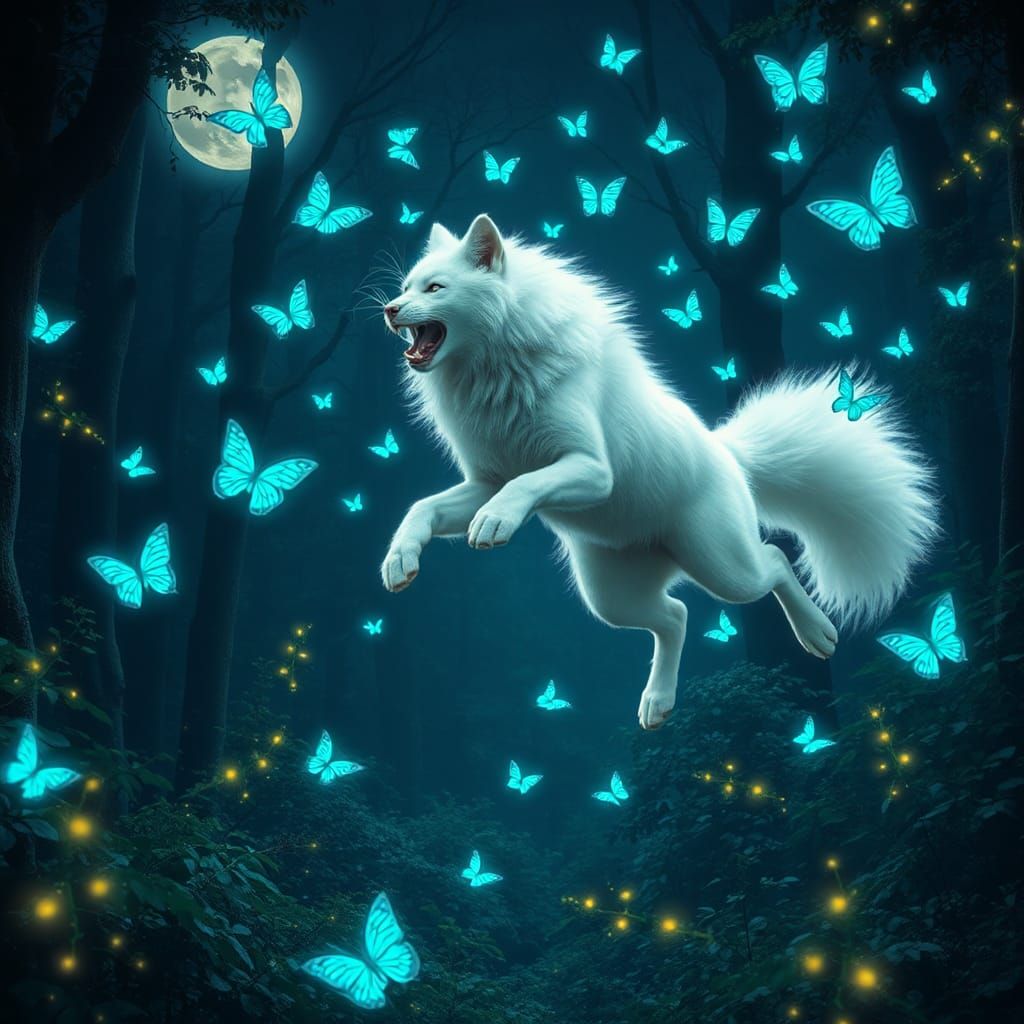 Werewolf-Cat Leaps for Butterflies in Enchanted Forest
