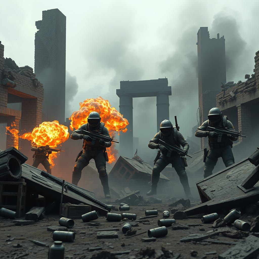 Gritty PUBG-Themed Scene of Destroyers in Ruins