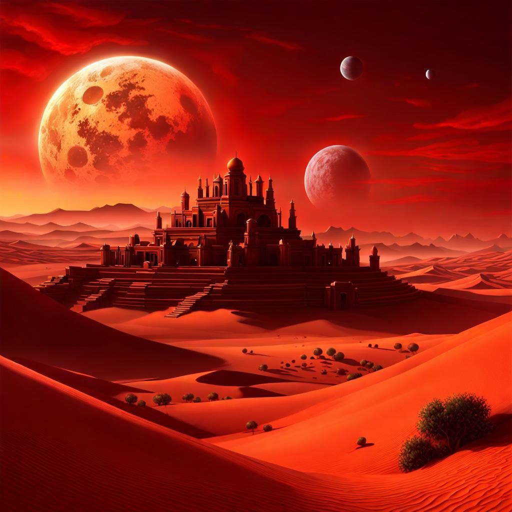 Desert Ruins Under Planetary Alignment: Dark Fantasy Art