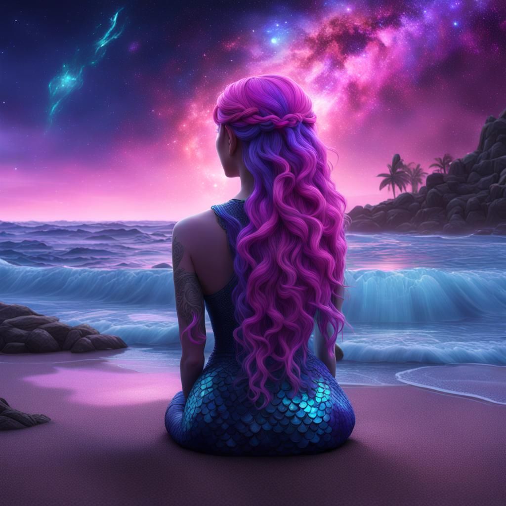 Mermaid Gazing at Galaxy in Detailed Fantasy Art