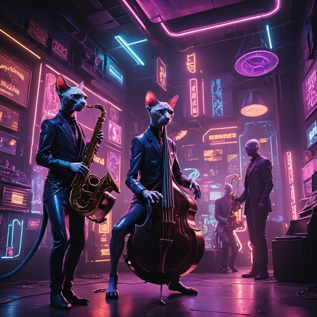 Cyberpunk Cats Playing Jazz in Neon Cityscape