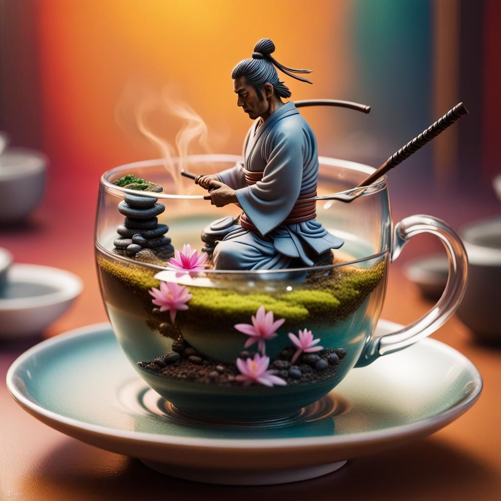 Samurai Zen Garden in Teacup: Hyperrealistic Splash Art