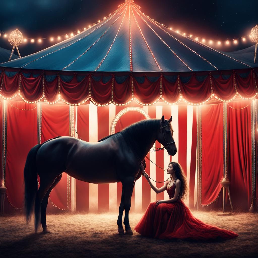 Circus Girl and Horse Under Moonlight