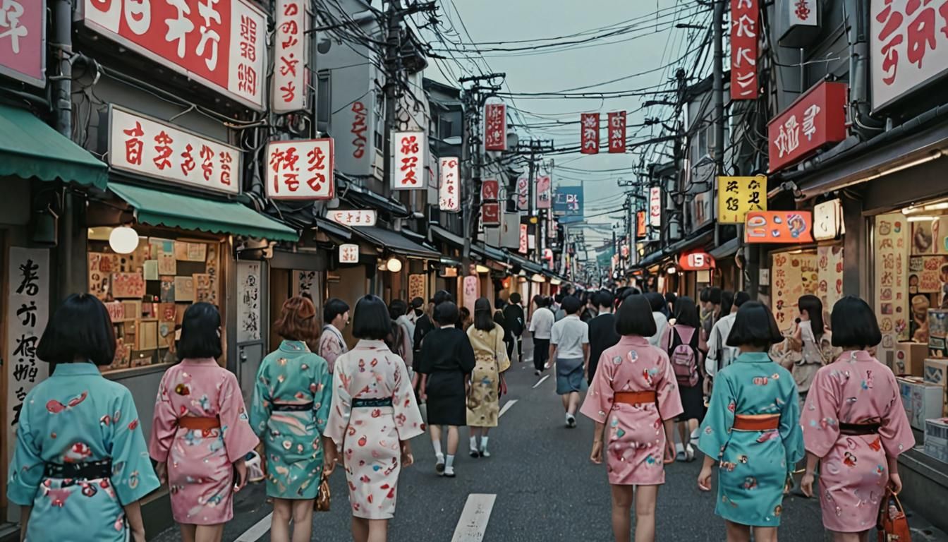 Ukiyo-e woodblock prints of modern harajuku district Japan, ...