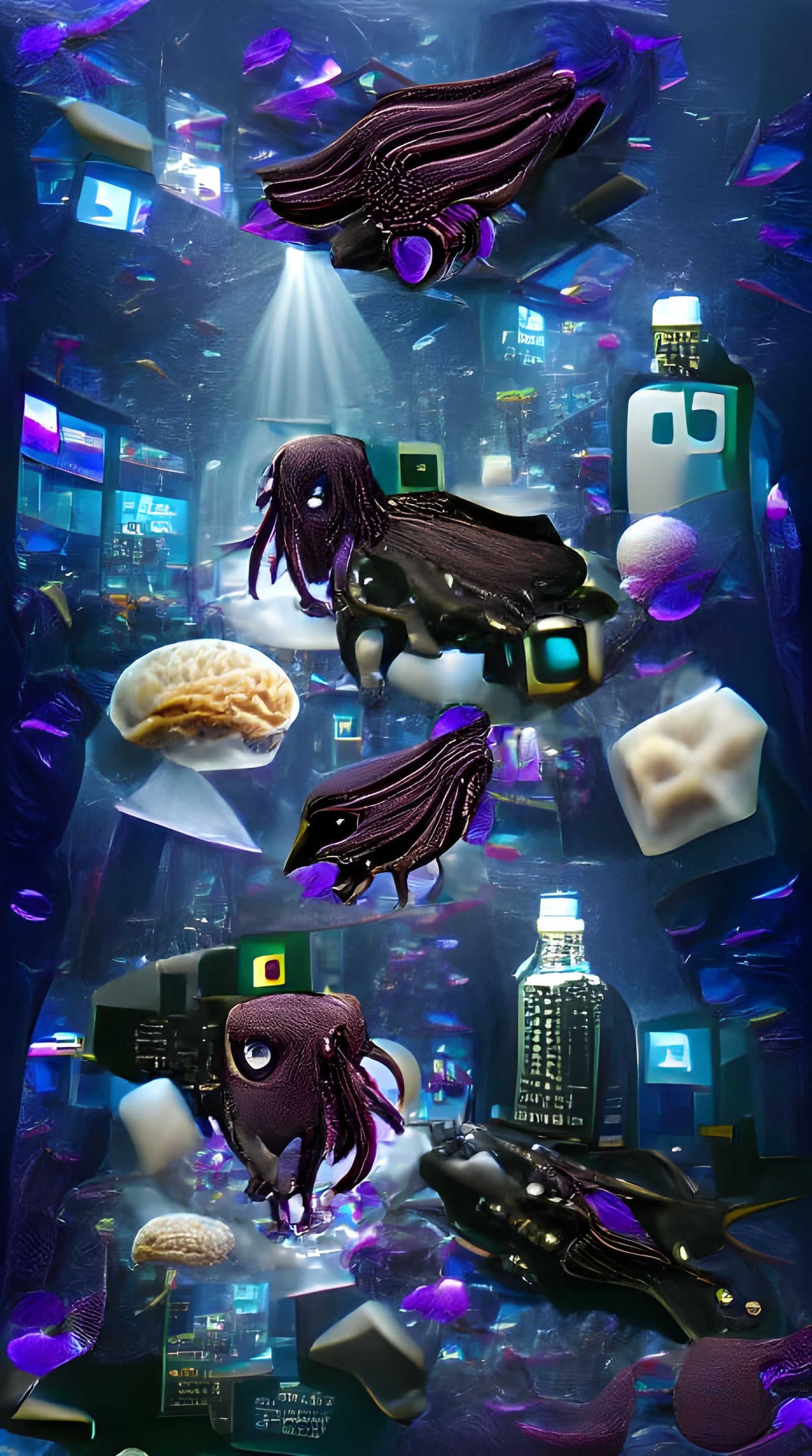 Dark Matter Cuttlefish in Cyberpunk Underwater Abyss