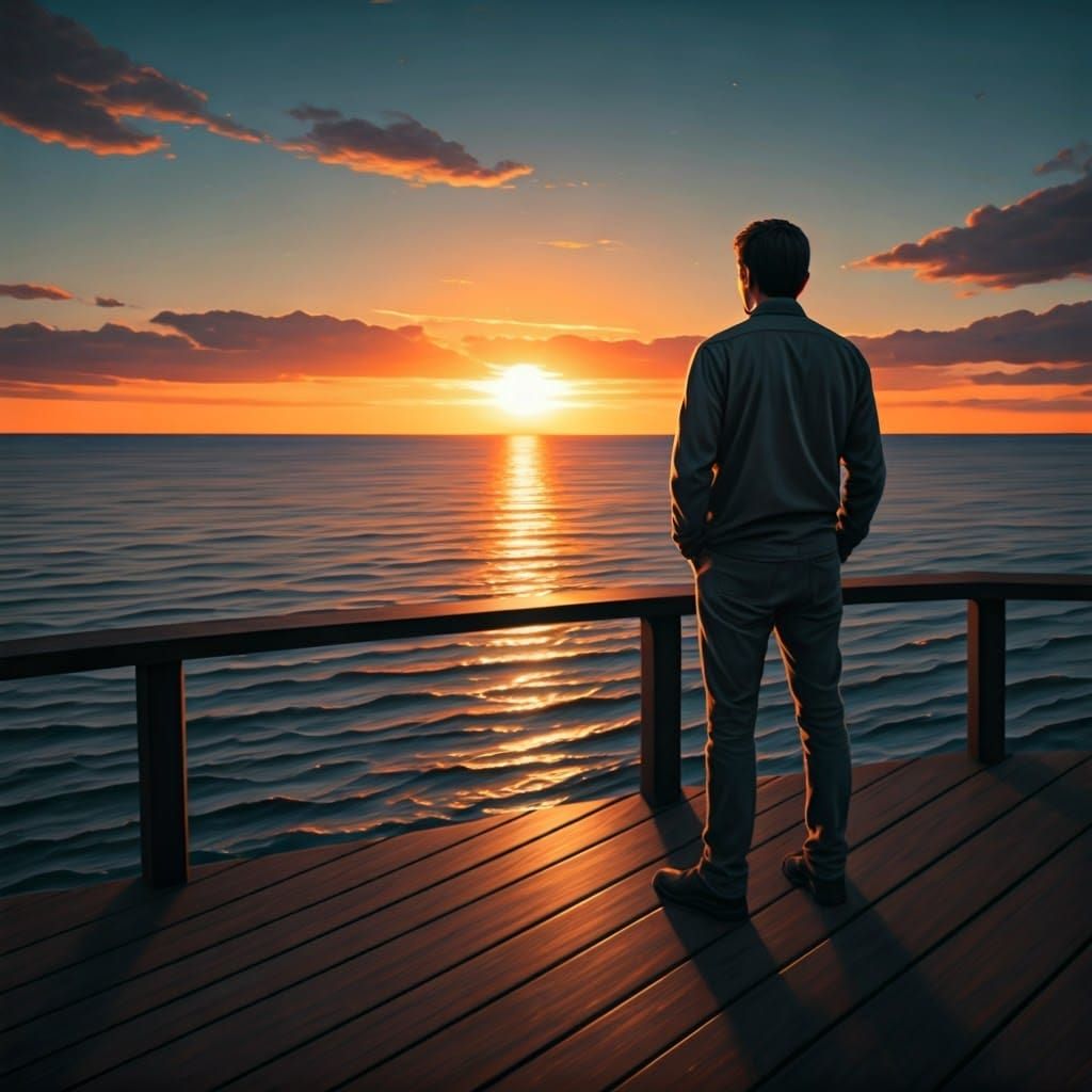 Man Gazing at Sunset: Detailed Charcoal Drawing