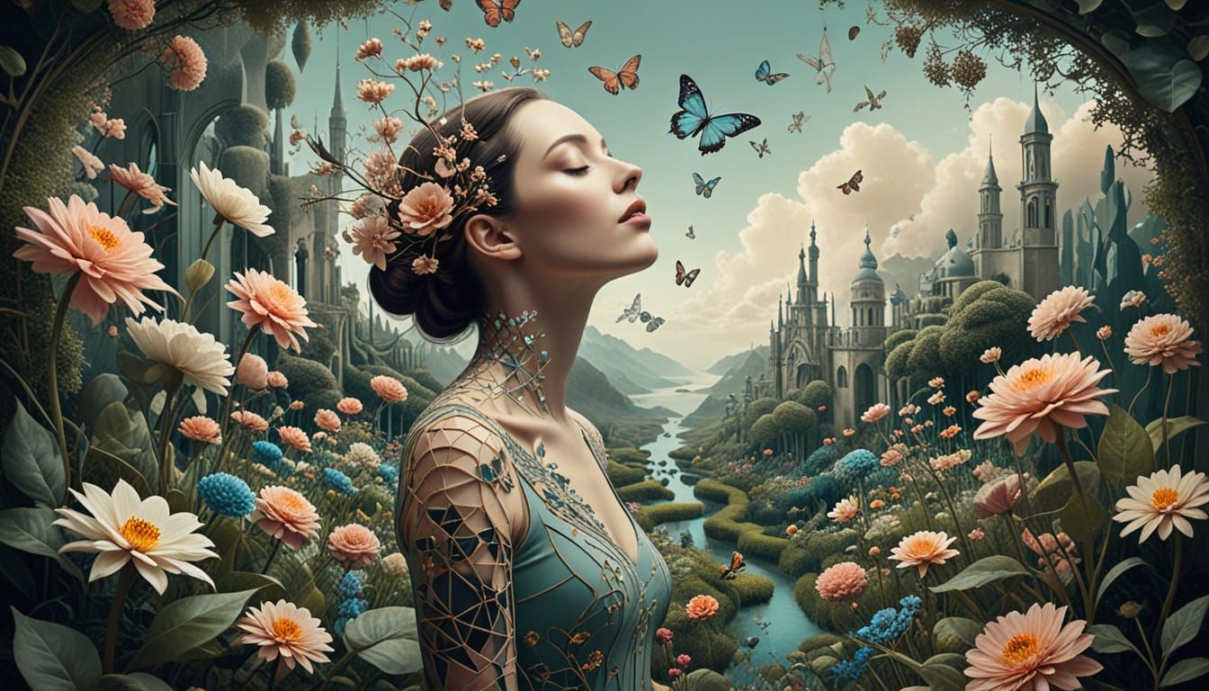 Surreal Garden Blooms with Geometric Patterns and Fractals i...