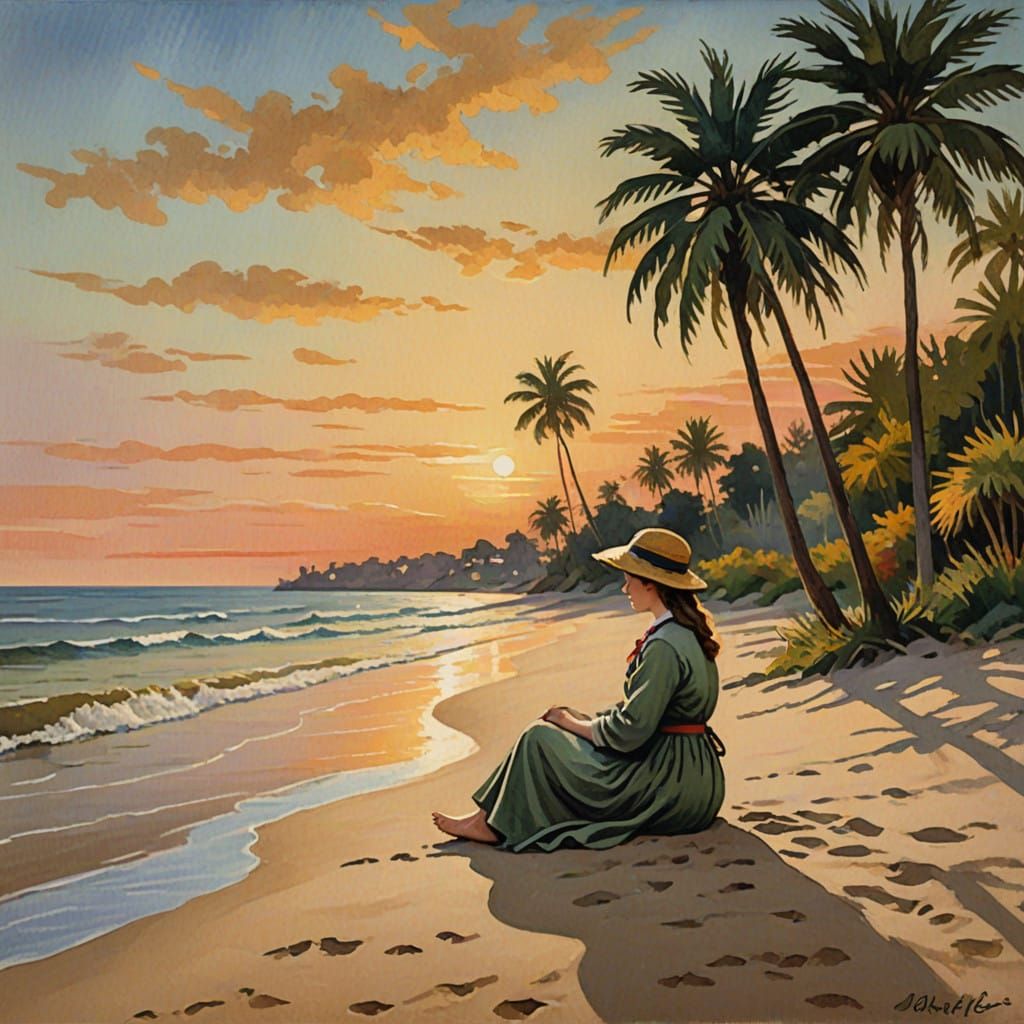 Impressionist Beach Scene with Woman and Palm Trees