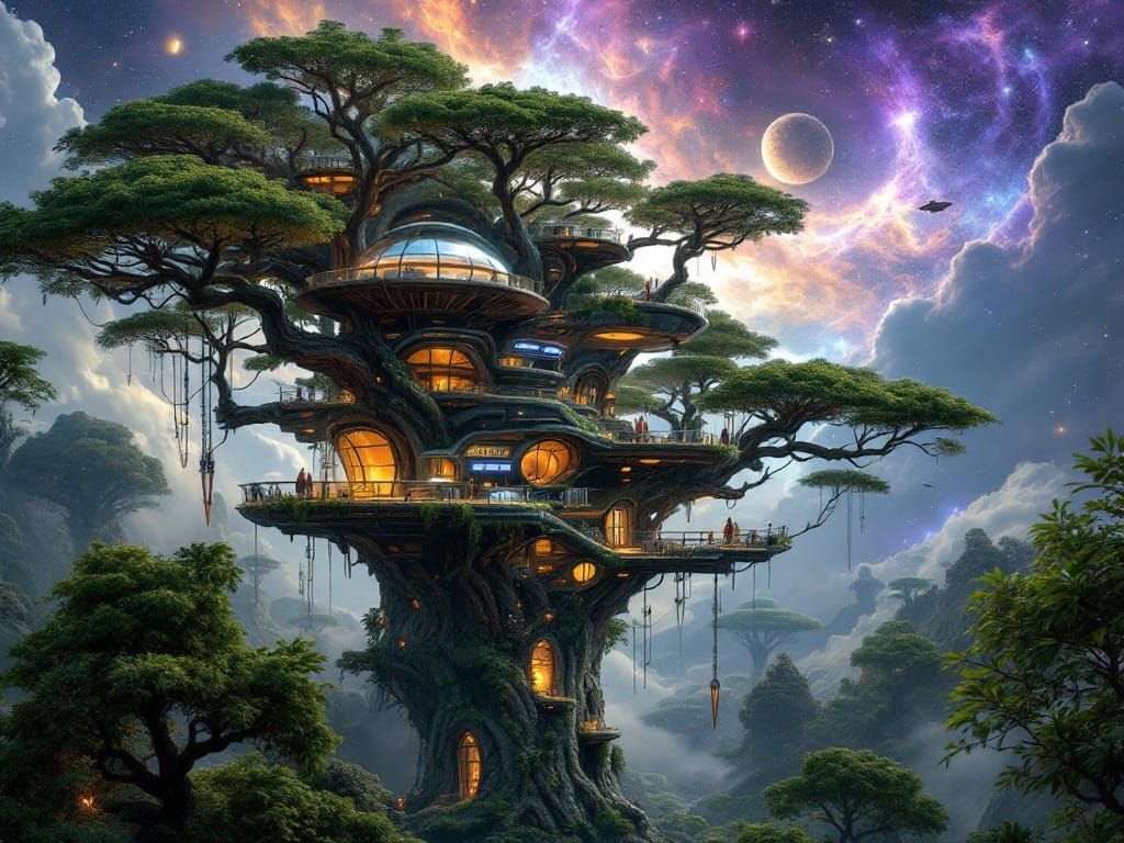 Futuristic Treehouse Space Base Amidst Alien Trees