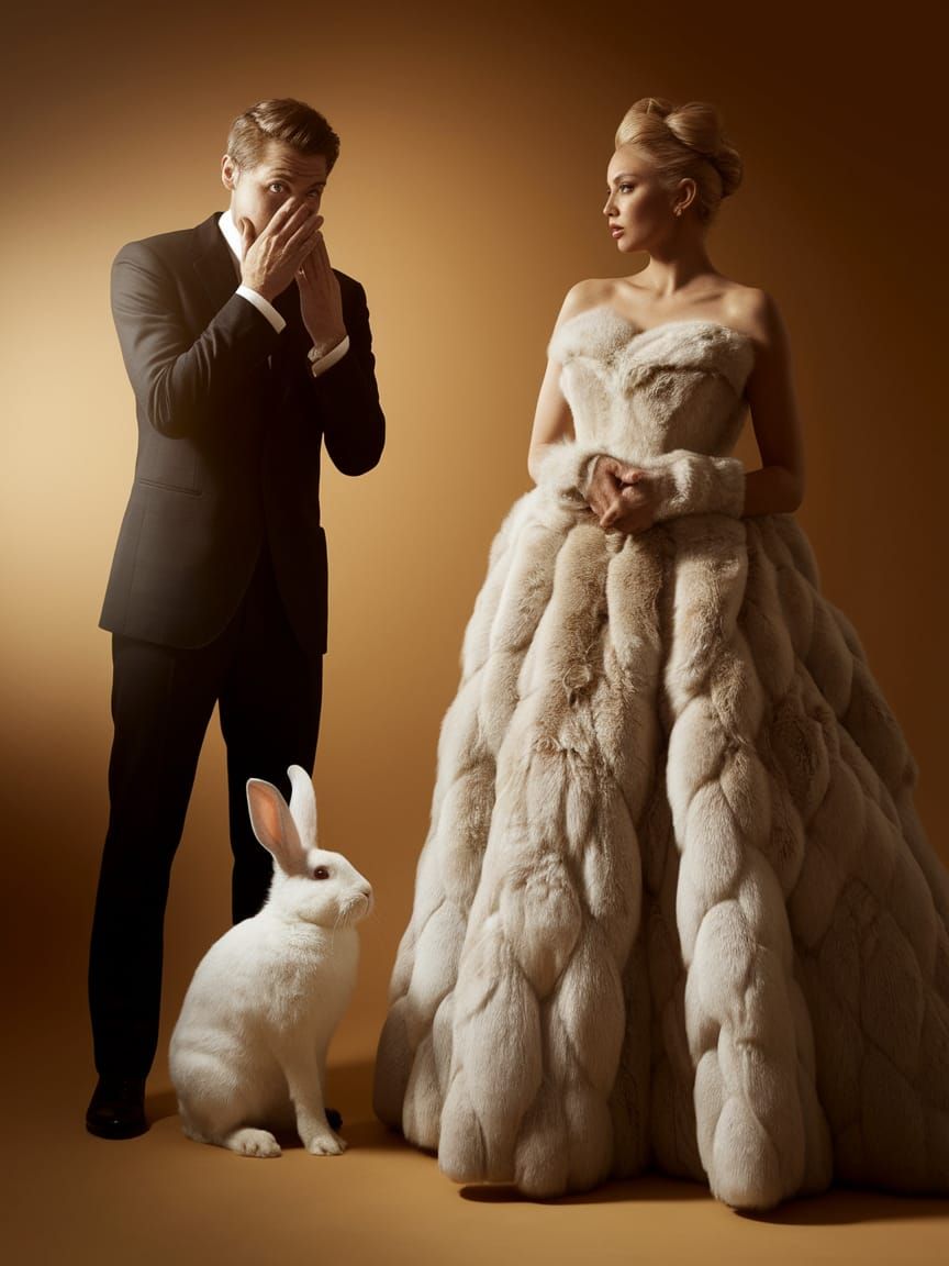 Man and Pet Shielded from a Mysterious Rabbit-Fur Gown