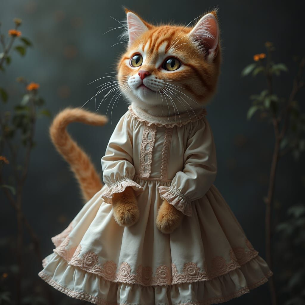 Cute Cat-Girl in a Delicate Dress