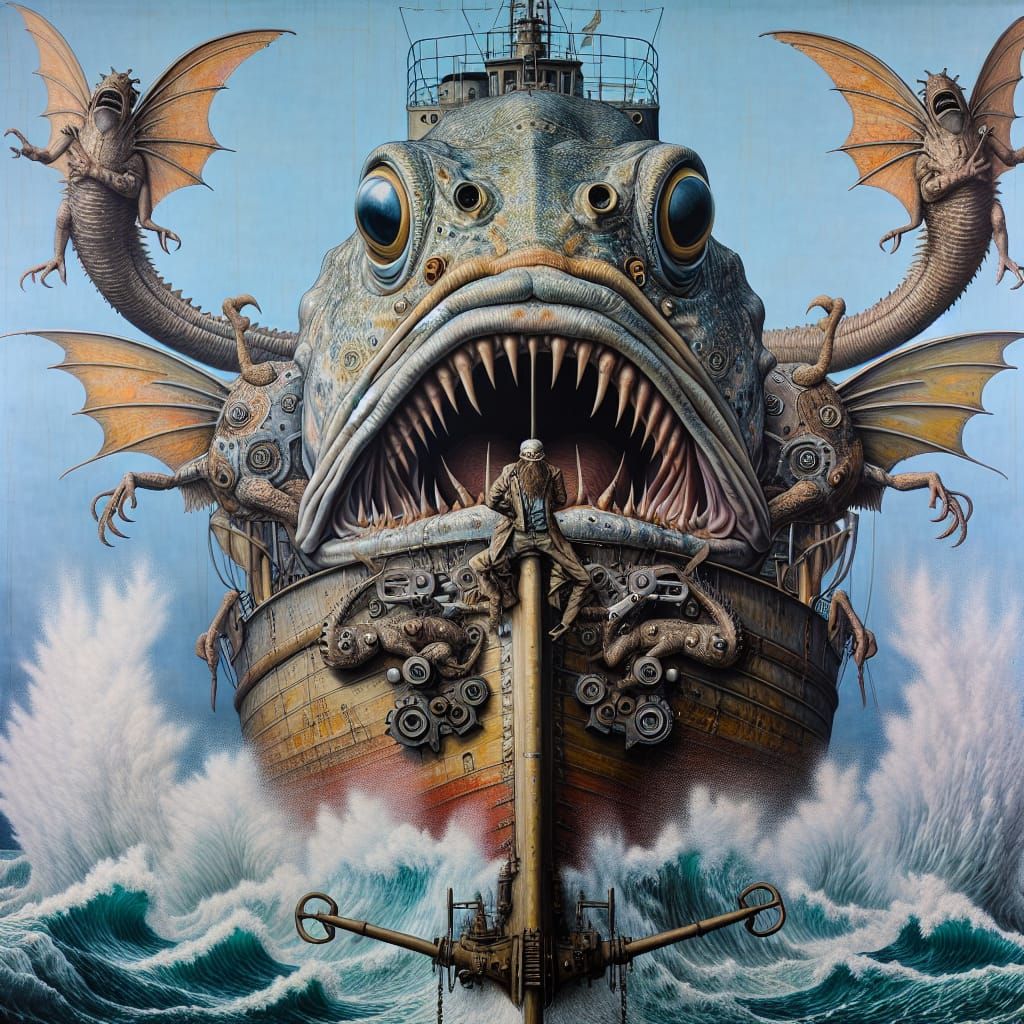 Colossal Fish Grips Tanker: Photorealistic Steampunk Paintin...