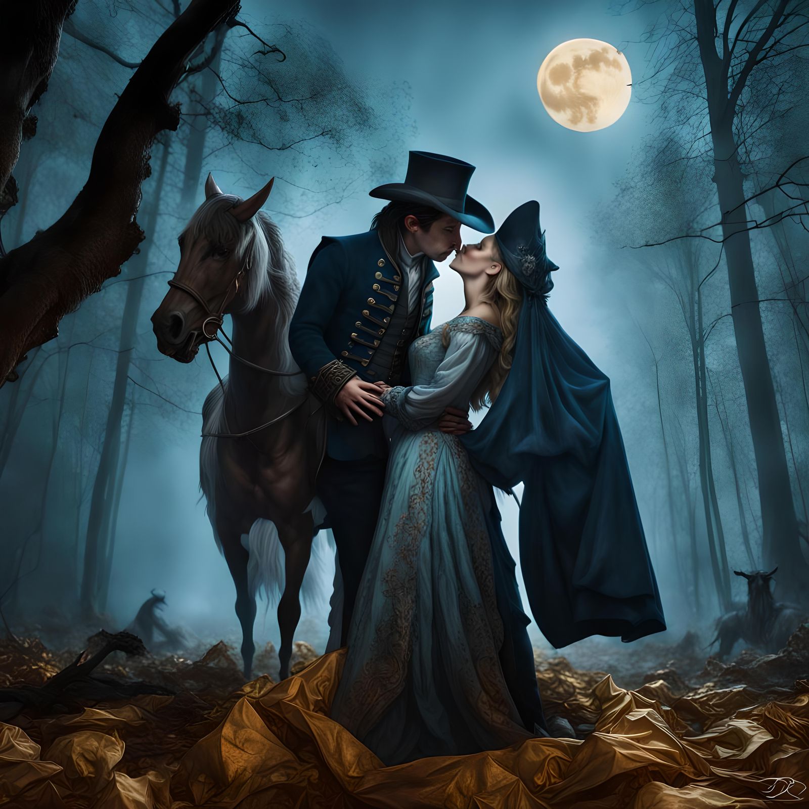 Ichabod Crane's Perilous Kiss: A Hyperrealistic Scene