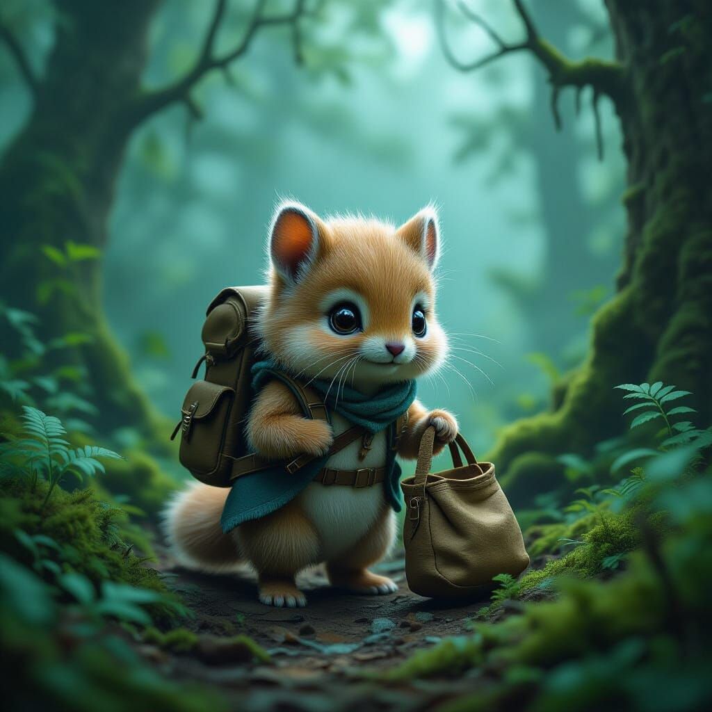 Furry Creature Searches Forest, Mystical Realism Art