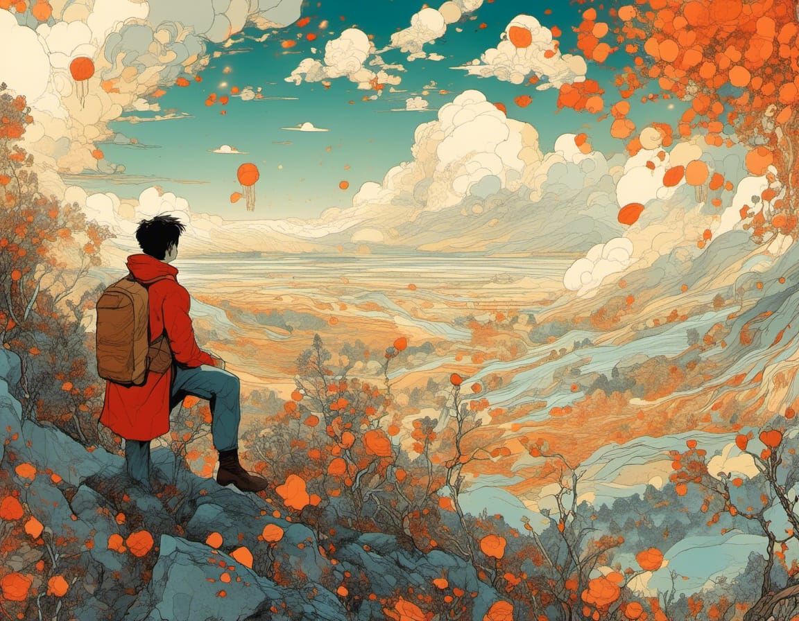 Boy Flying Kite at Sunrise in Watercolor Ink Style