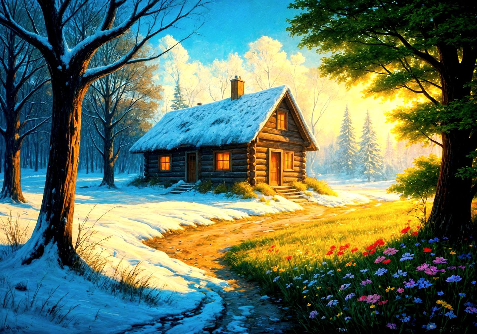 Cottage Between Winter and Summer: Rococo Oil Painting