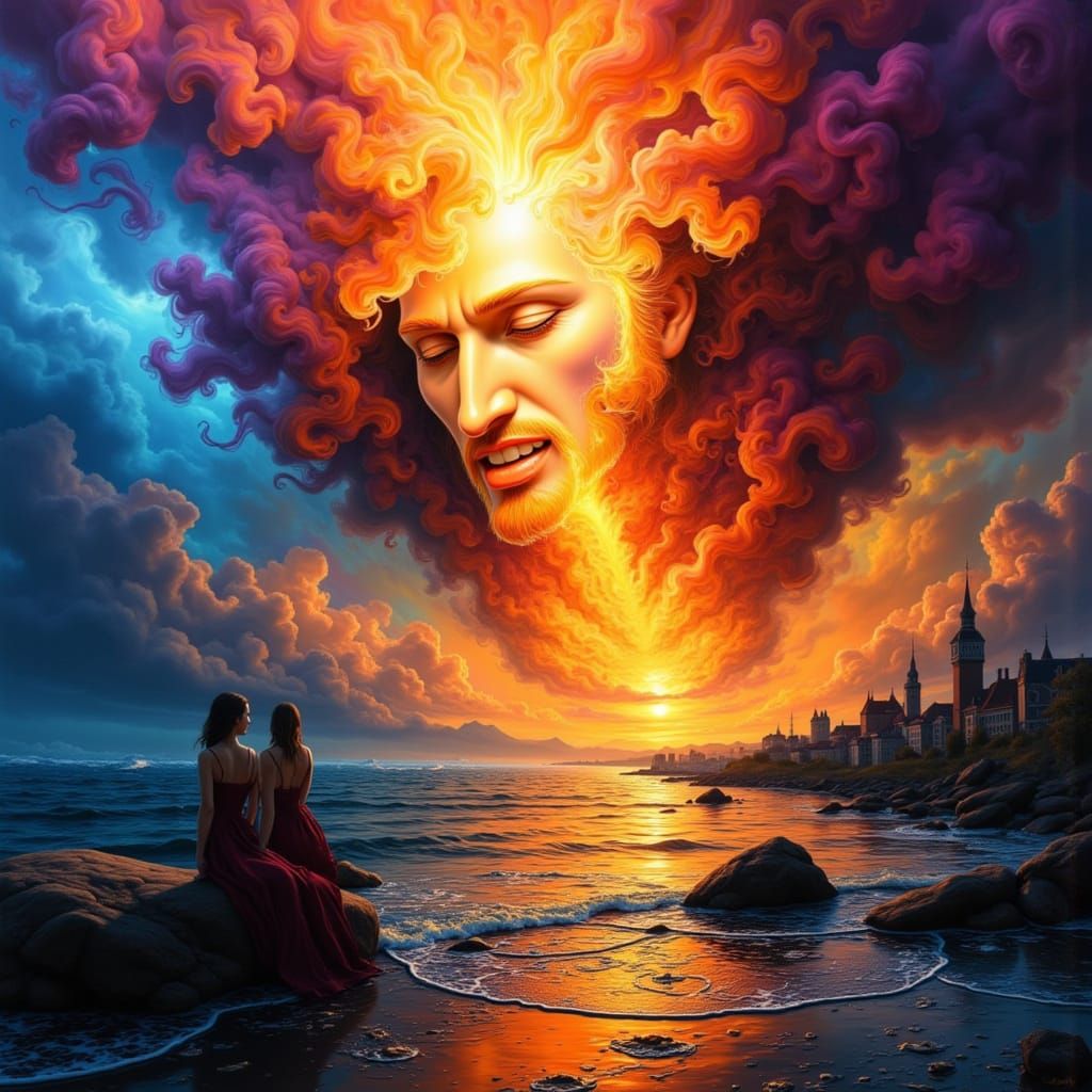 Abstract Expressionist Jesus Face in Smoke with Storm