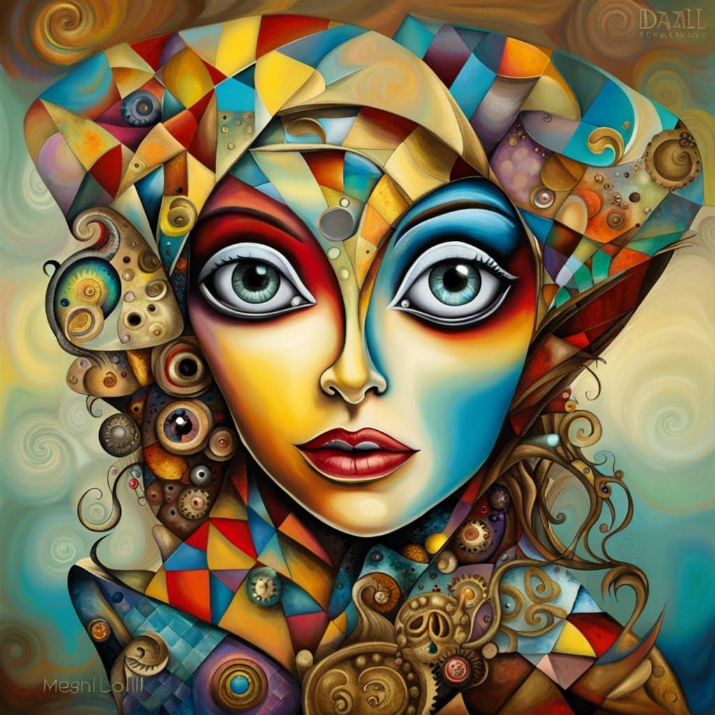 Surreal Steampunk Harlequin Woman in Oil on Canvas