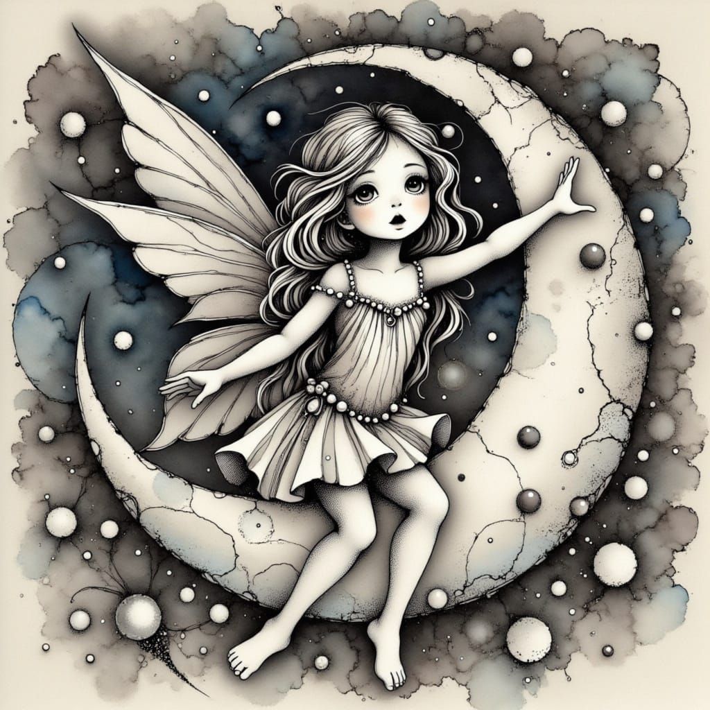 Whimsical Pixie Sits Excitedly on a Massive Crescent Moon