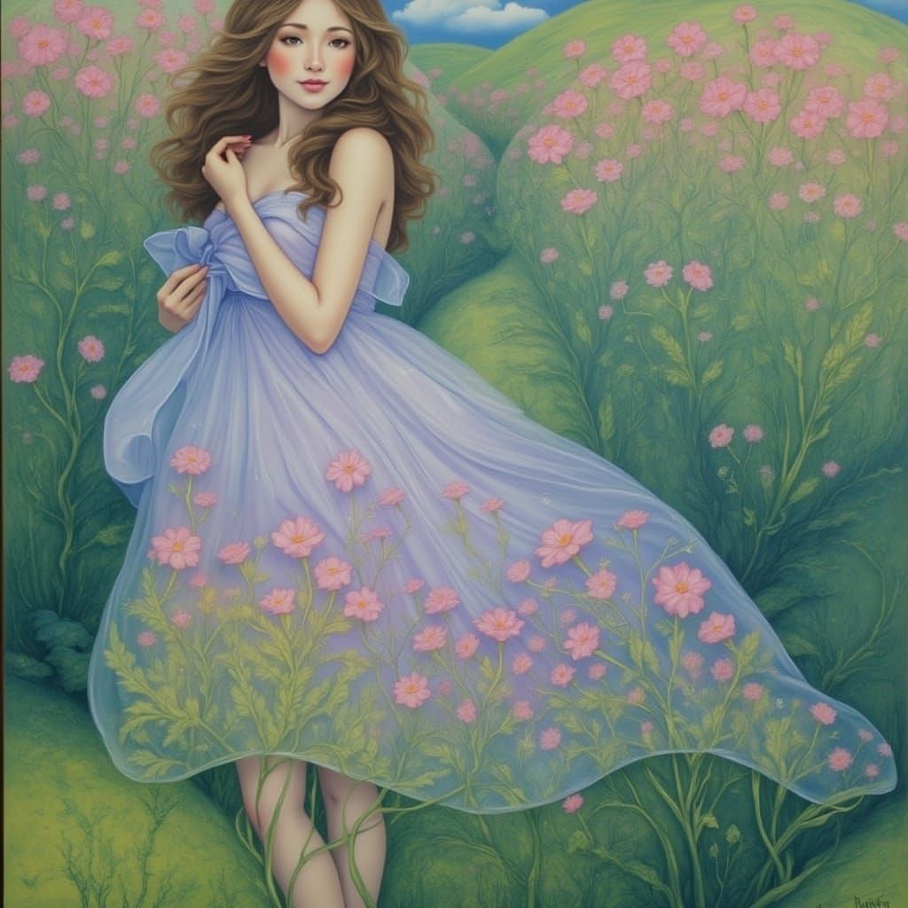 Delicate Fae in Whimsical Pink Wildflower Meadow