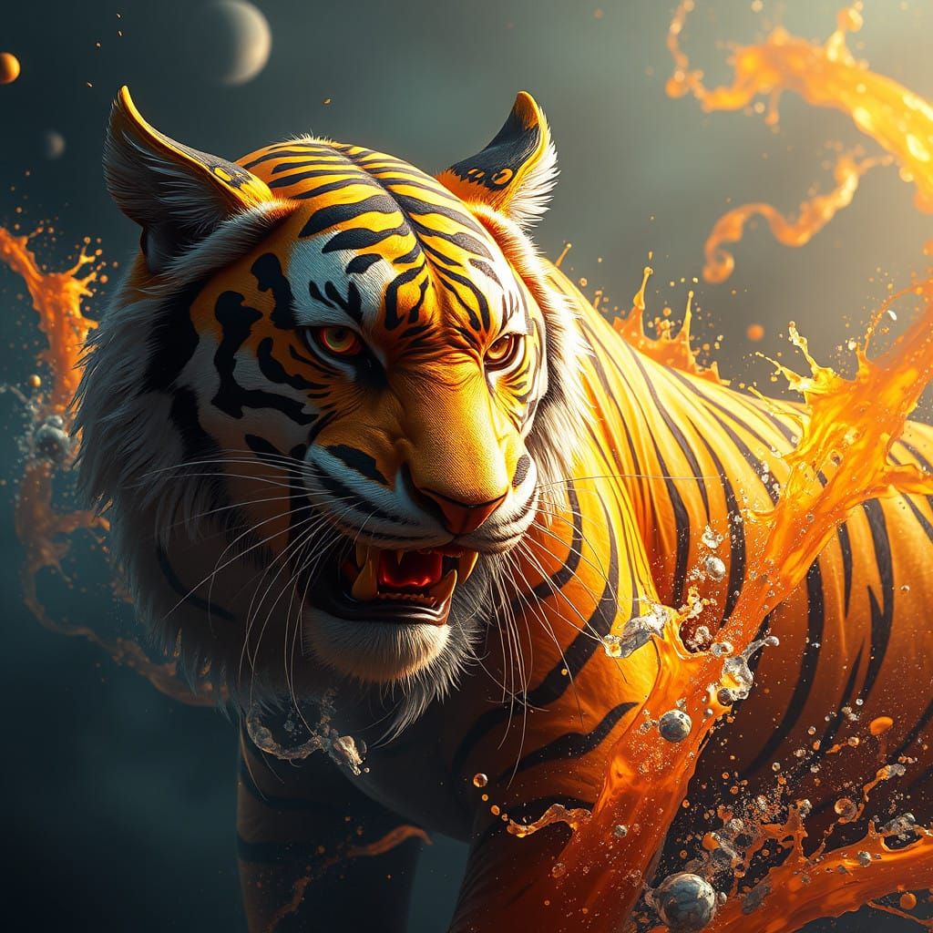 Golden Tiger in Vibrant Fantasy Landscape