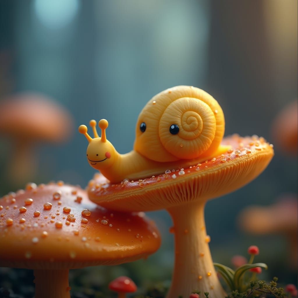 Kawaii Snail Smiles in Bioluminescent Mushroom Forest