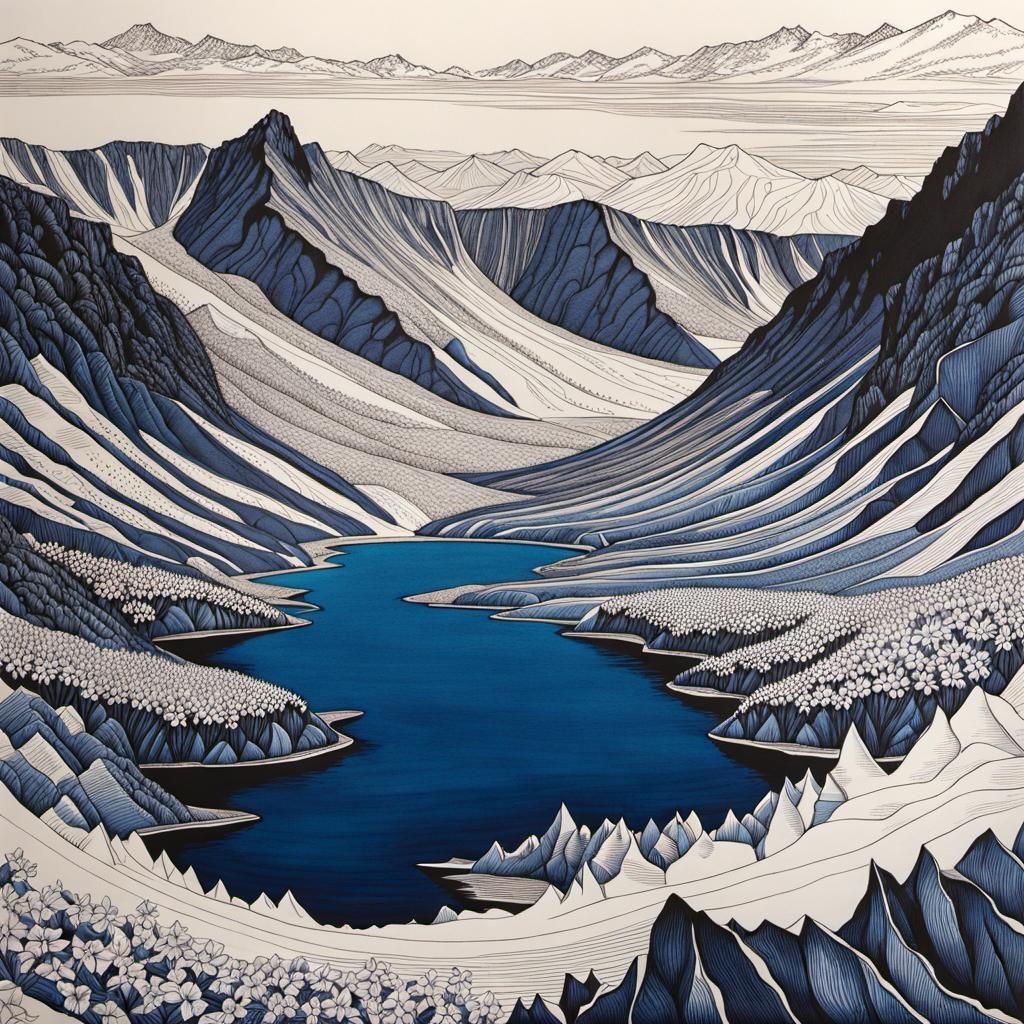Detailed Pen Ink Drawing of Glacier Lake