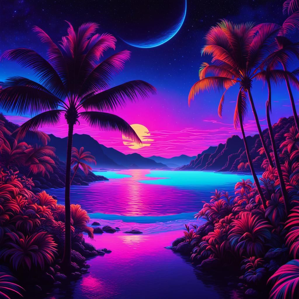 Surreal Neon Dawn in Tropical Outer Space