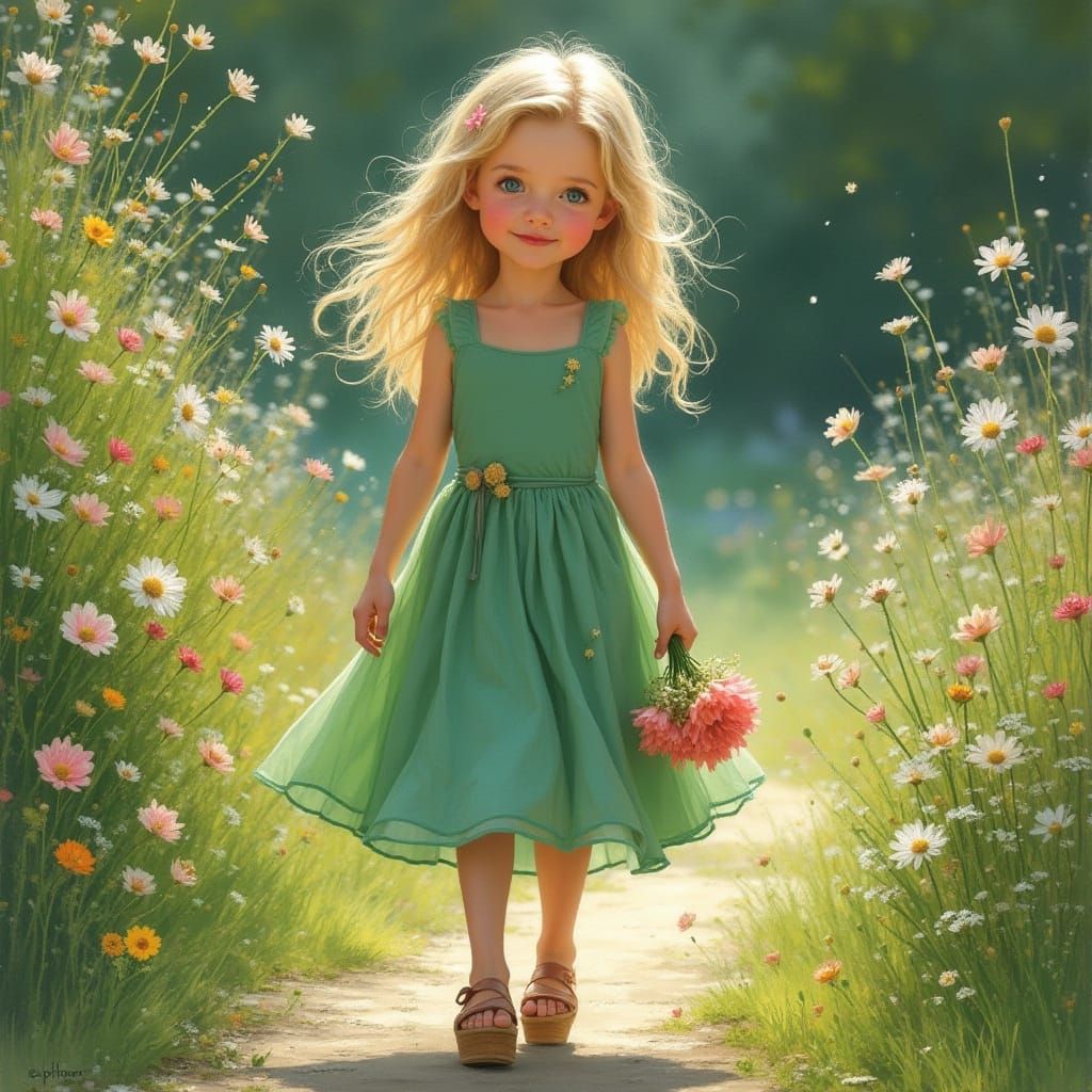 Elegant Blonde Girl Strolls Through Floral Garden in Impress...
