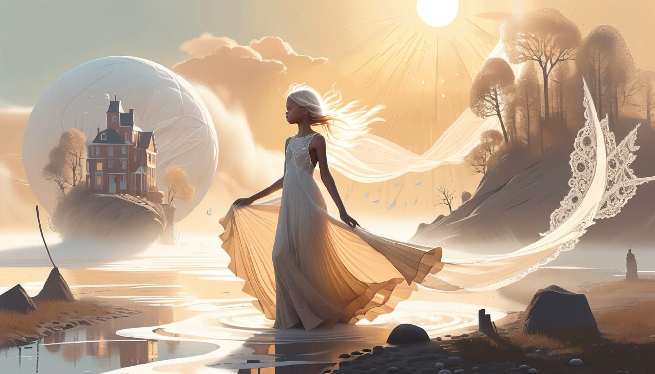 Ethereal Woman Sails on Windy Skies in Delicate Gown