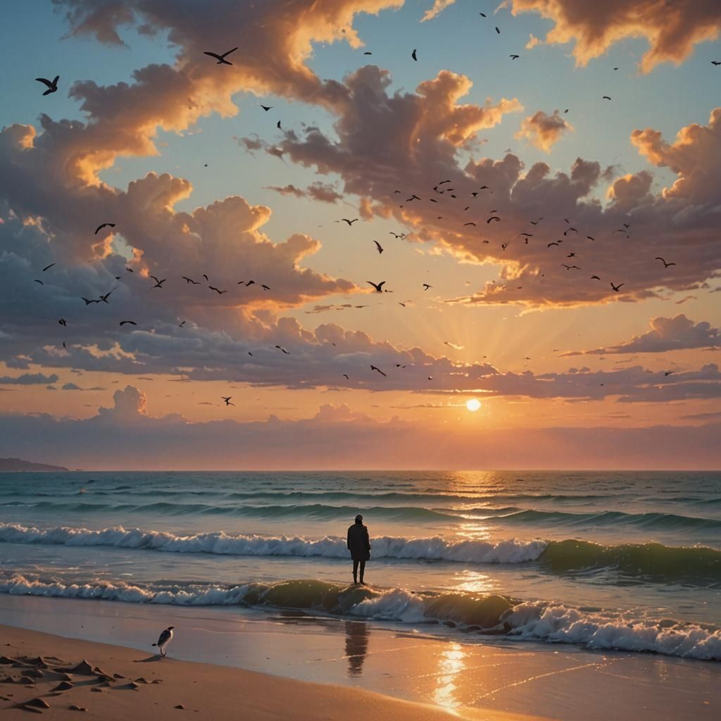 Serene Sunset Over Ocean: Hyperrealistic Landscape Photograp...