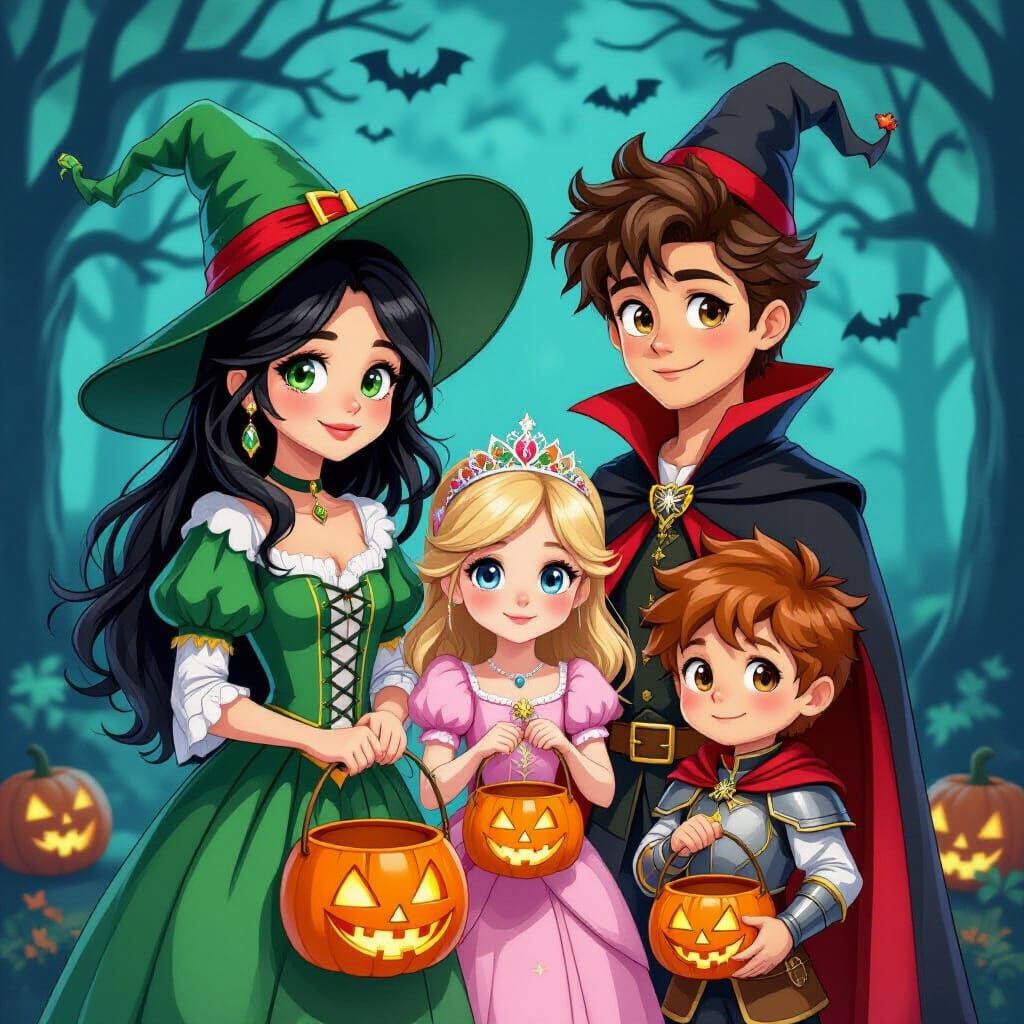 Fantasy Halloween Characters Walking Down Magical Street