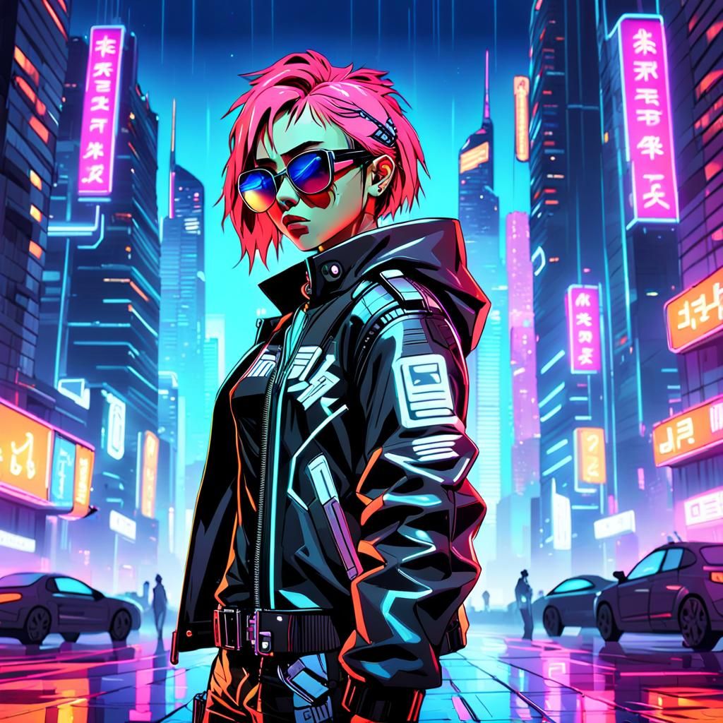 Futuristic Crypto Punk in Neon Cityscape: Anime Art
