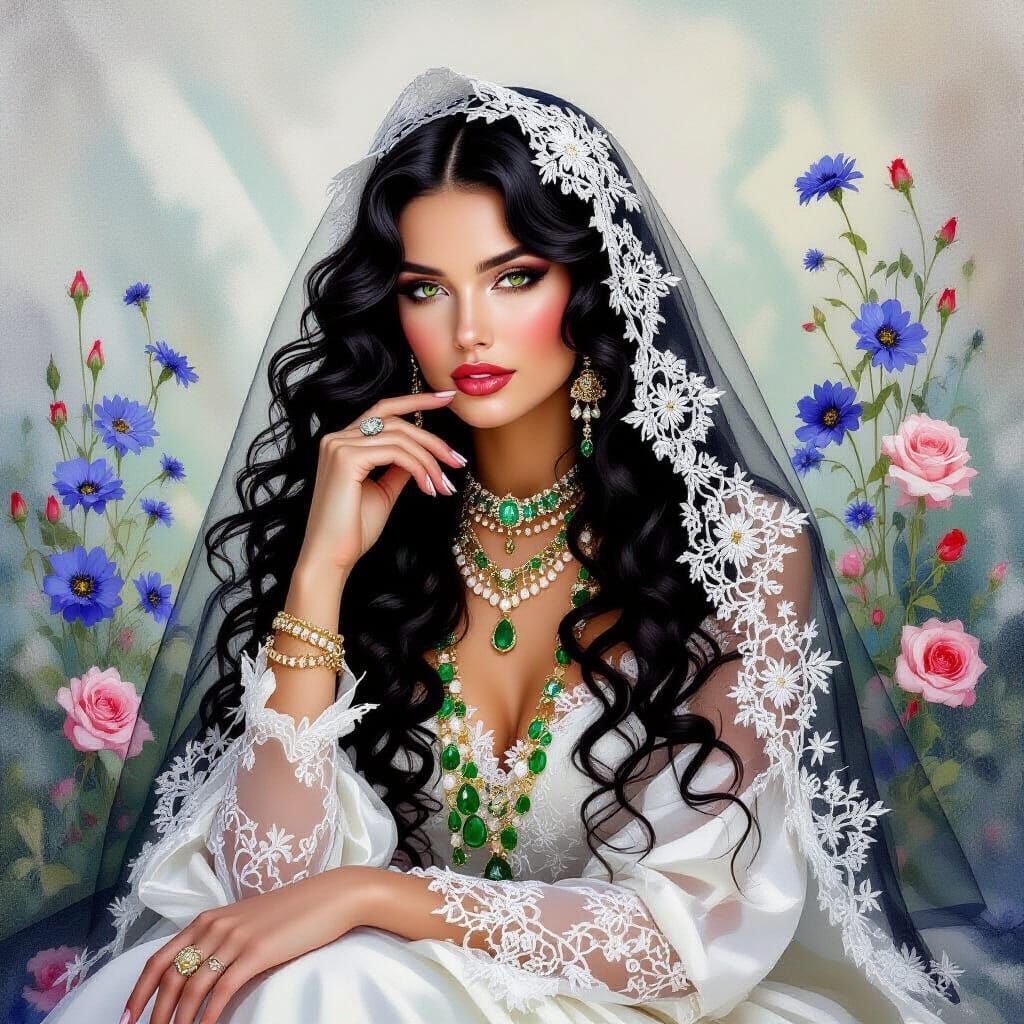 Elegant Woman in Frost-Kissed Lace and Emeralds