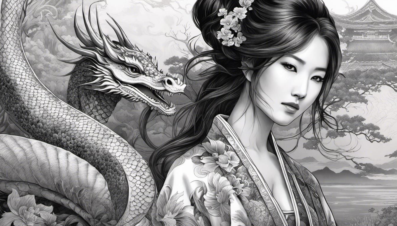 Elegant Asian Woman in Ink Drawing Style