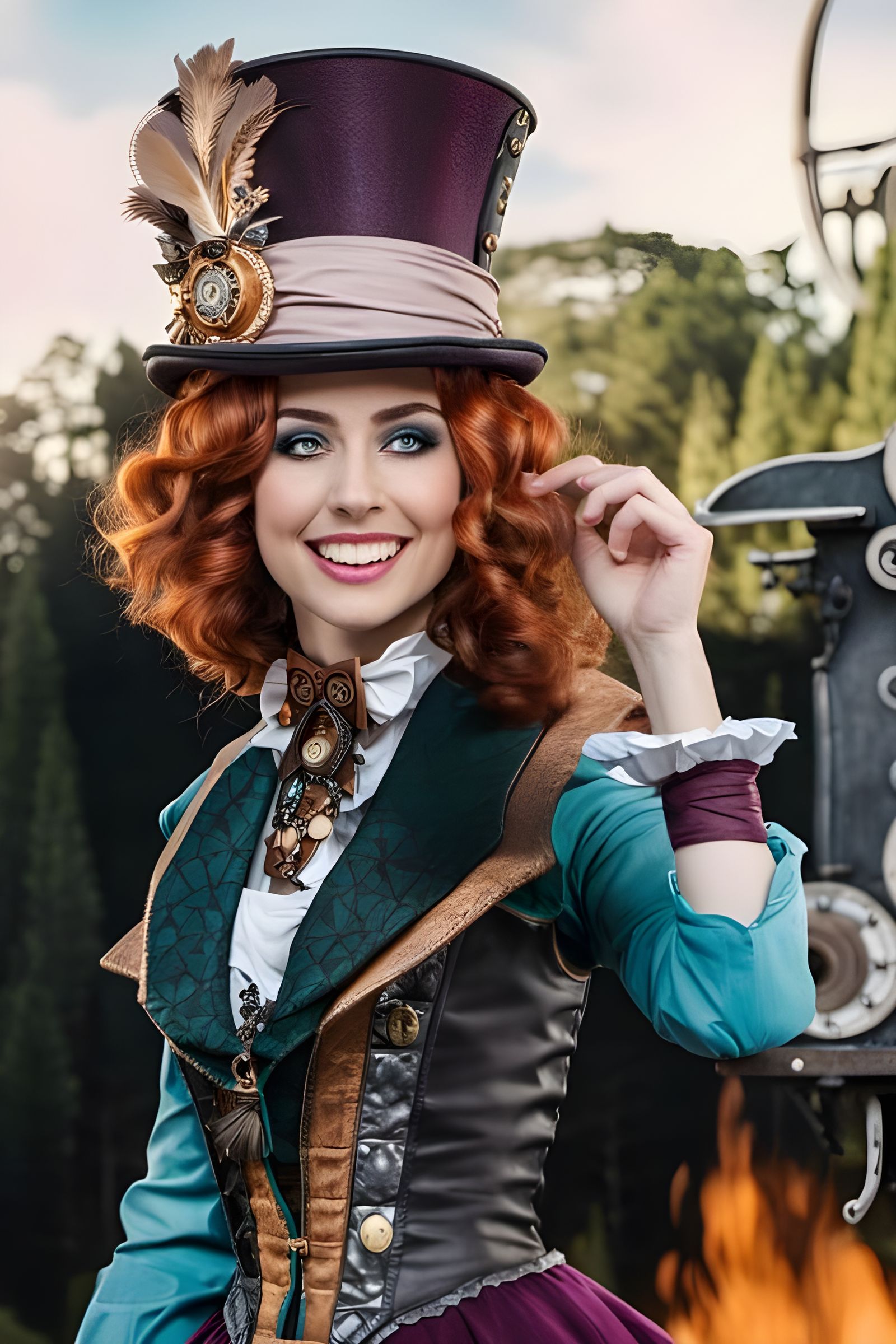 Mad Hatter in Fantasy Forest with Steampunk Engine