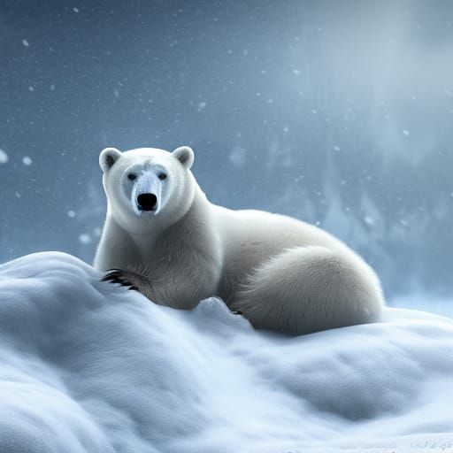 Snowy Polar Bear on Snow Pile in Detailed Painting