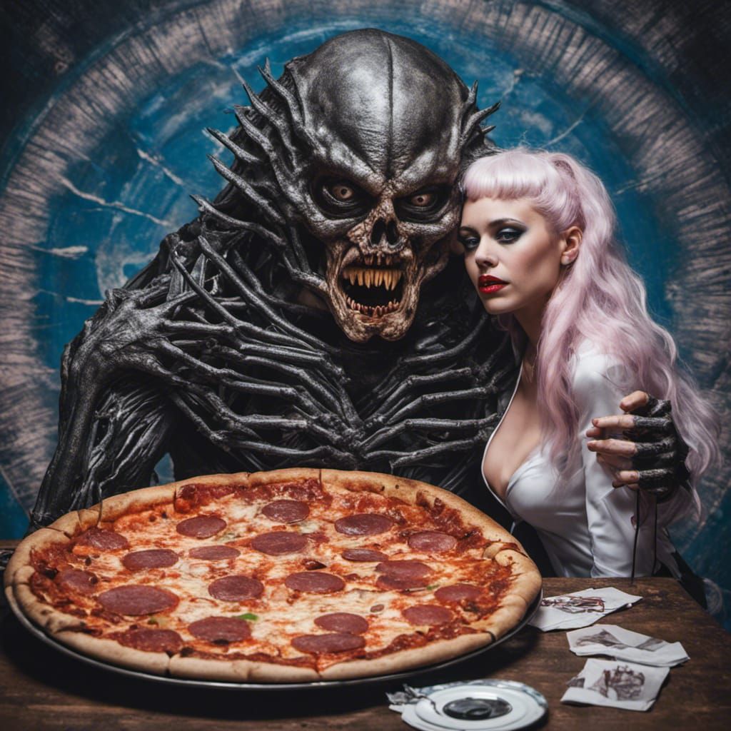 Pin-up girl shares a pizza with a monster