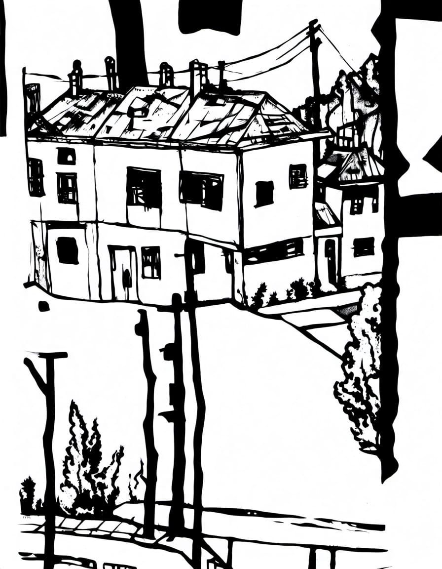 Eerie Sumi-e Drawing of Distorted House