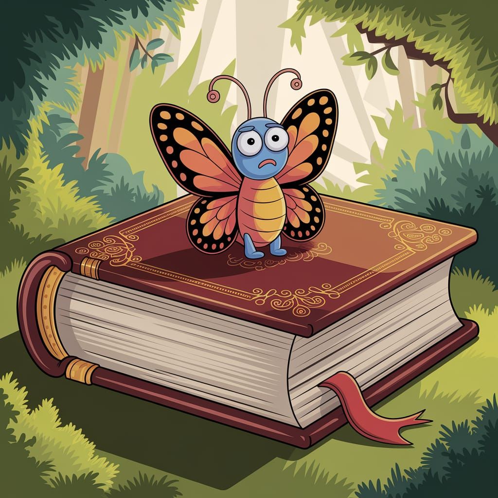 Confused Cartoon Butterfly Reading Philosophy Book