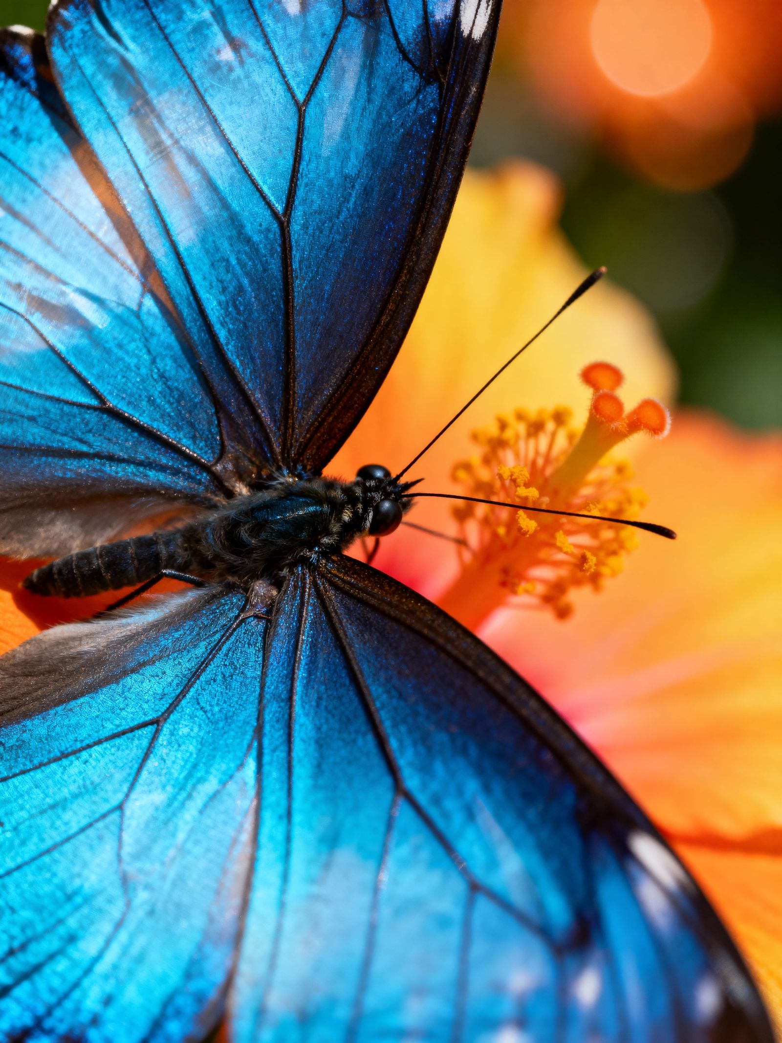 Vibrant Blue Butterfly on Orange Hibiscus Macro Photo