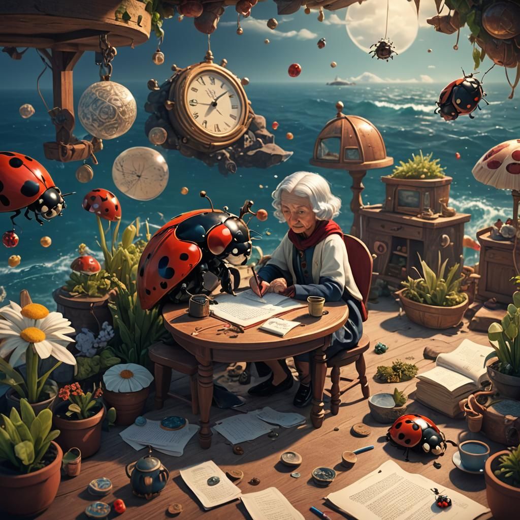 Grandmother Writing Stories with Ladybug, Detailed Matte Pai...