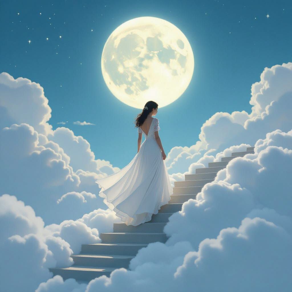 Woman Climbing Cloud Staircase to Moon in Ethereal Style