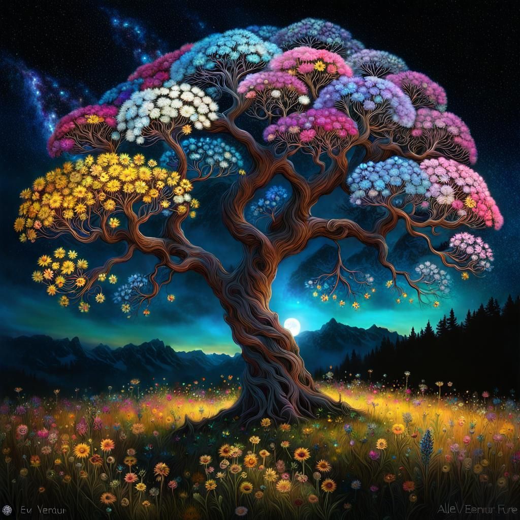Bioluminescent Tree of Life with Wildflower Explosion